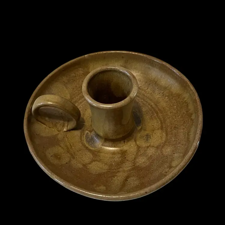 NORTH CAROLINA POTTERY CHAMBERSTICK CANDLE HOLDER SIGNED LEAGUES finger Loop 3.5” X 6.25”