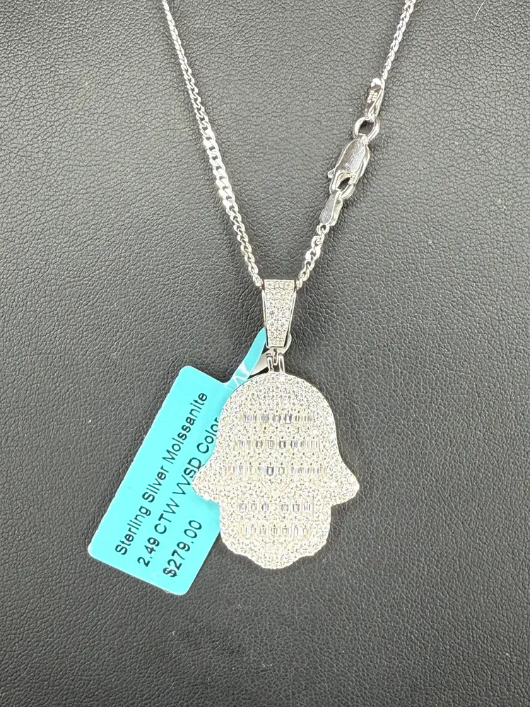 Sterling Silver Moissanite 2.49 CTW VVSD Color Hand Pendant & 18" Chain