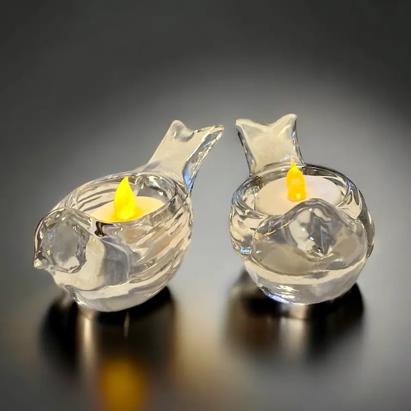 2 Glass Bird Votive Tea Light Candle Holders 5” Clear Glass Weigh 15 Ounces