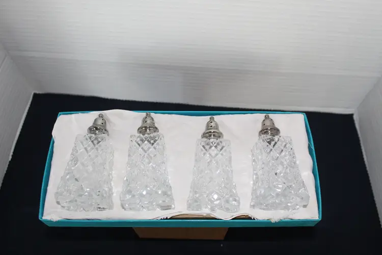 F.B. Rogers Silver Co Glass Salt And Pepper Shakers Silverplated Tops 4” Tall