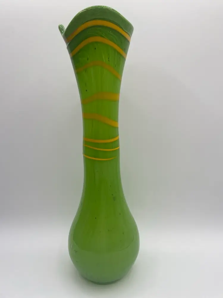 02. Tall Vintage Green Swung Vase W/ Yellow Swirl 14” Tall