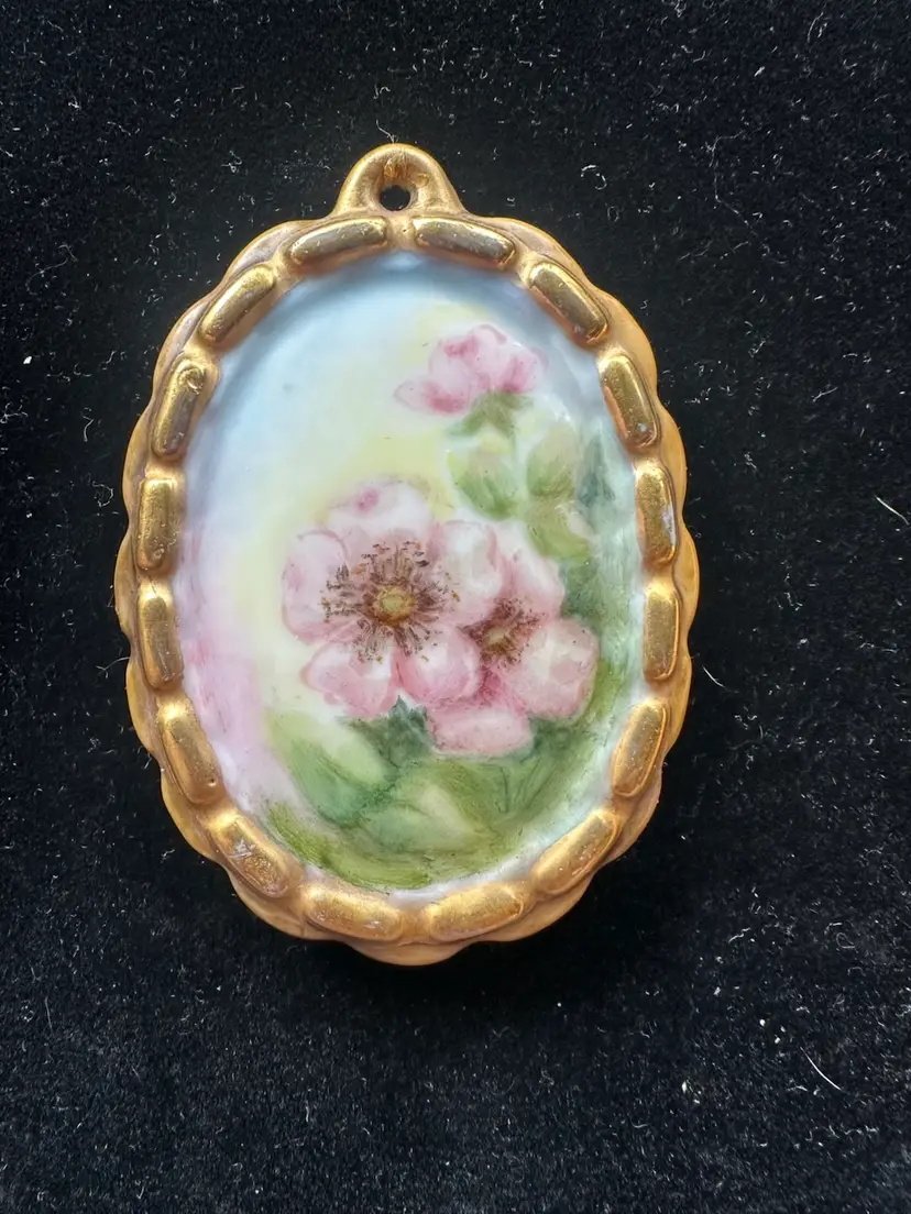 #14 Porcelain Signed Handpainted Floral Pendant