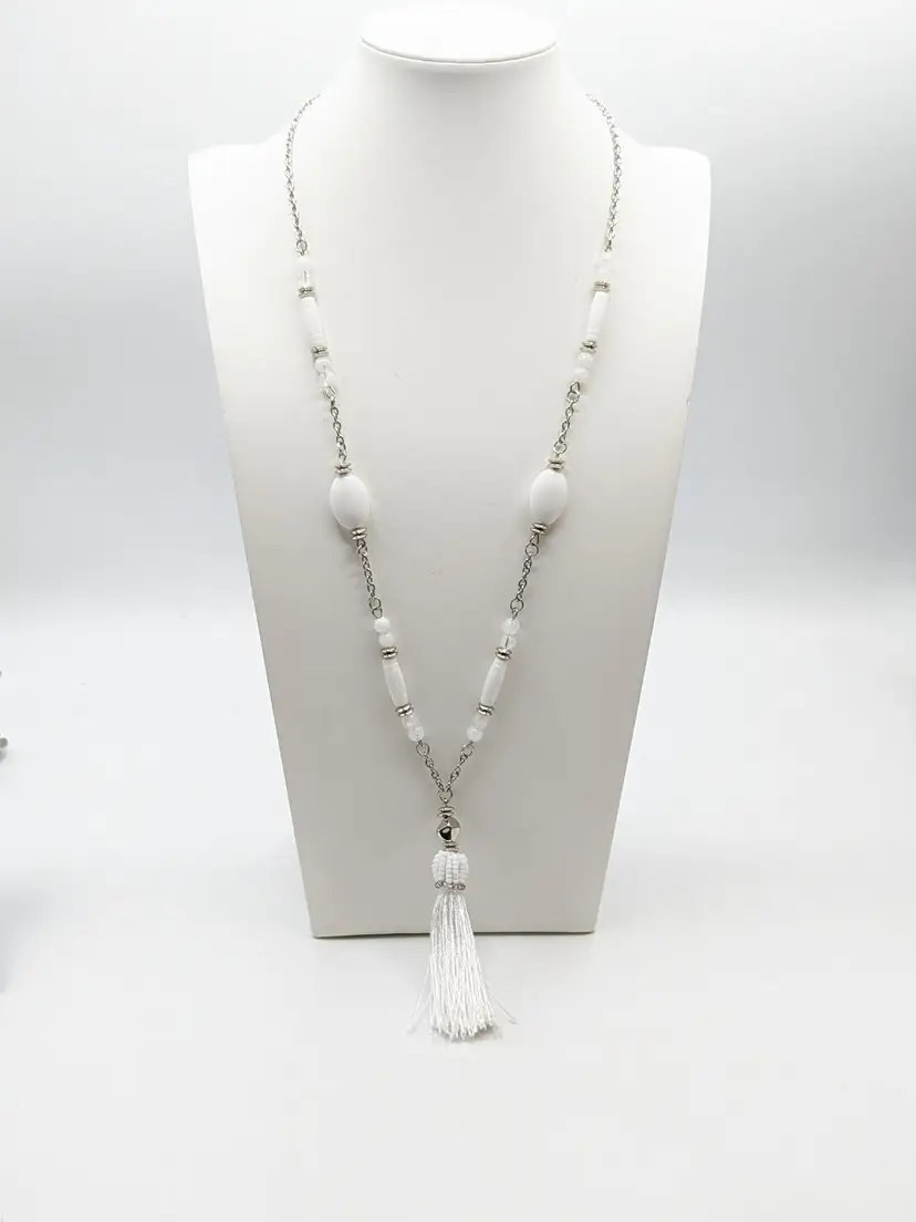 Silver Tone White Beaded Necklace with Fringe