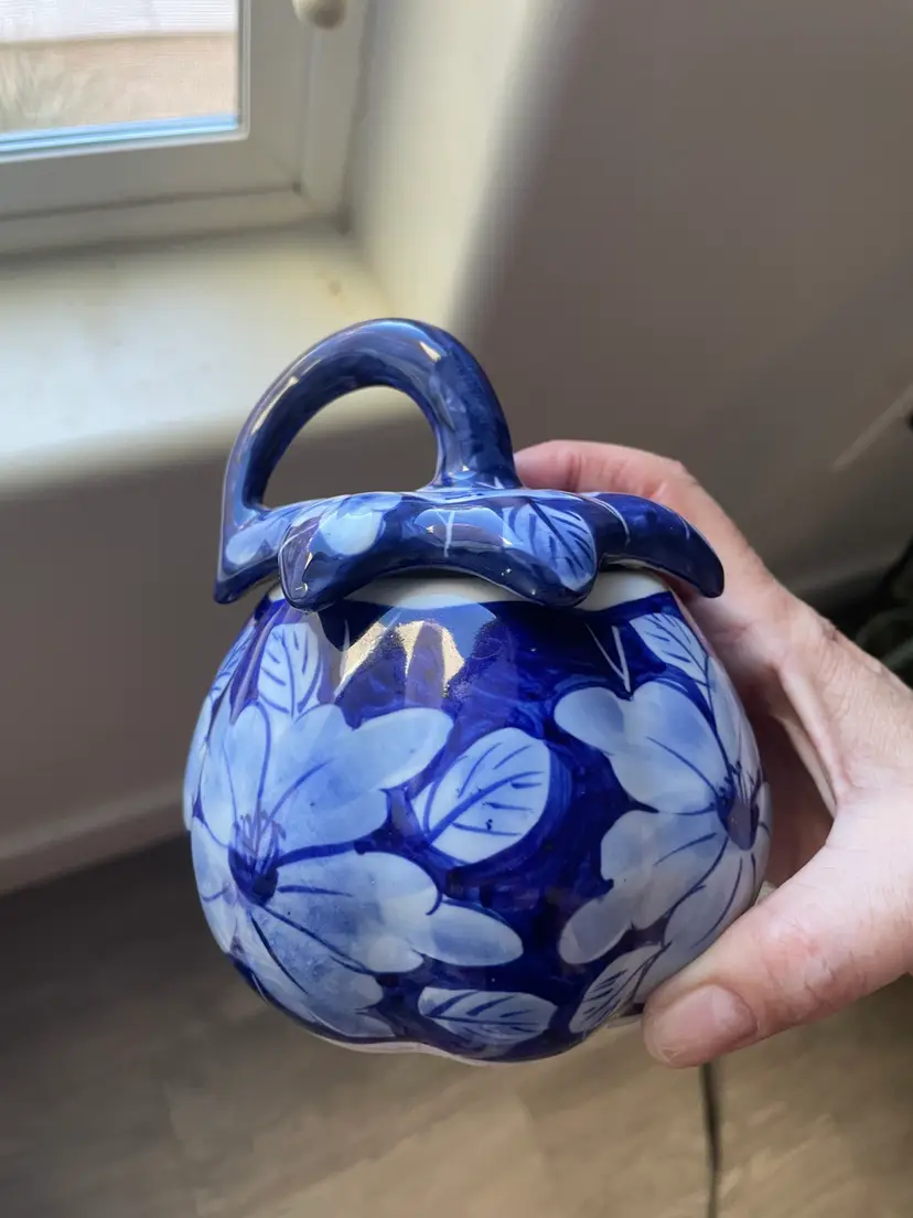 Ceramic Pumpkin White and Blue Pottery with Stem Lid Decor Halloween