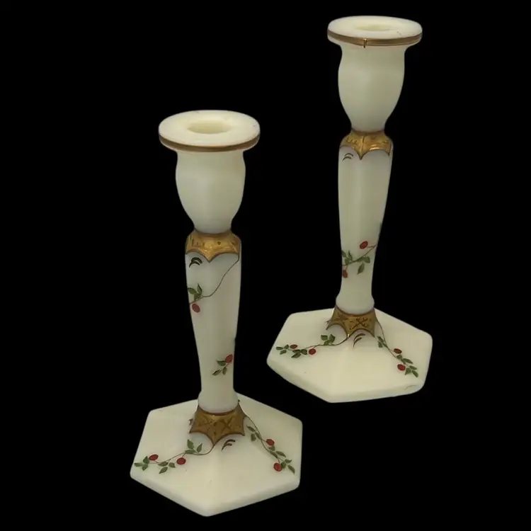 Fenton Satin Glass Hand painted Winter Berries Candlesticks (2) 8.5” x 4.5”