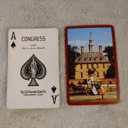 1 Single Swap Card - Playing Card. Vintage Congress card. Williamsburg Governors Palace. Does have bug holes. Made in OH. Ace of Spades. Dimension 2.5 x 3.5. Read description.