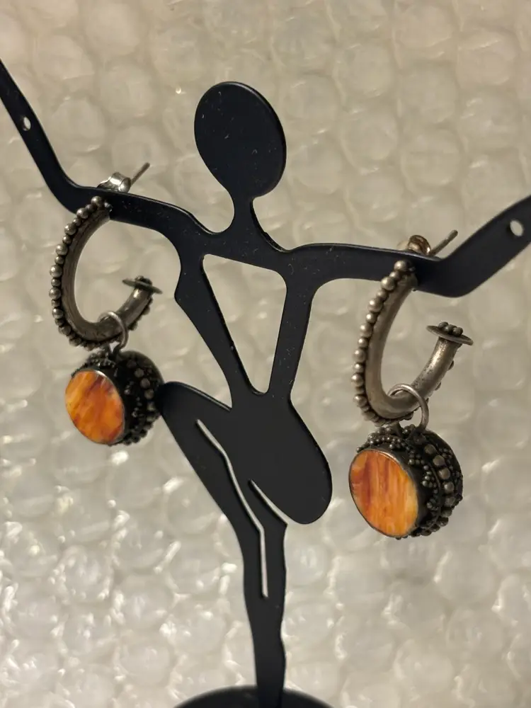 Artisan Made Sterling Silver and Spiny Oyster Hoop Earrings