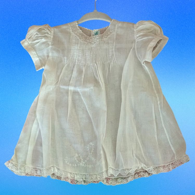 Vintage 1950’s Tiny Tots Baby Dress  White Fine Cotton-Linen Blend
