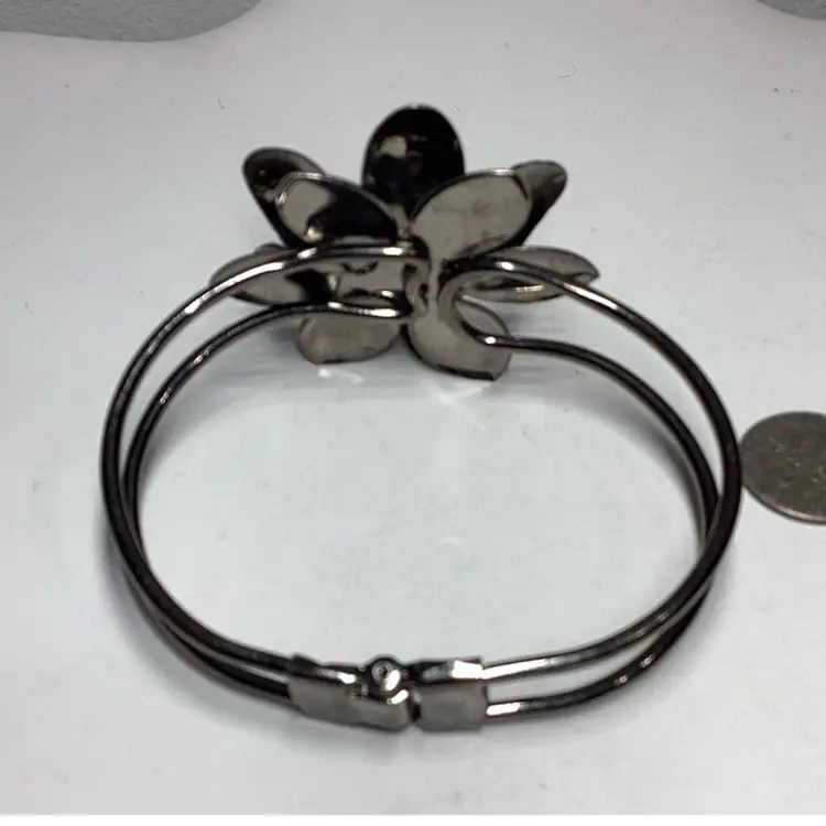 Flower Clamper Bracelet With Rhinestones- 7 1/4”