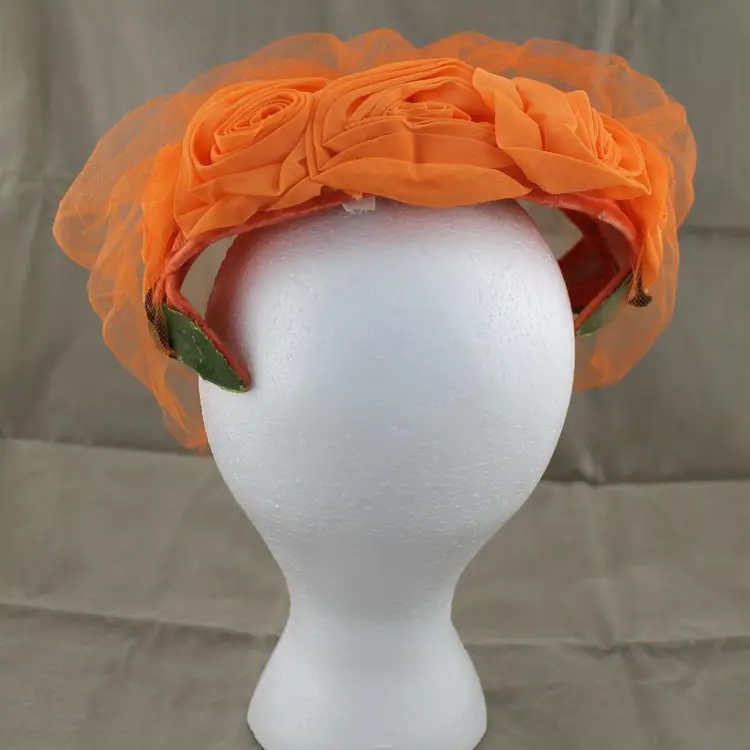 Vintage Orange Union Made Hat Headband Floral Roses with Veil