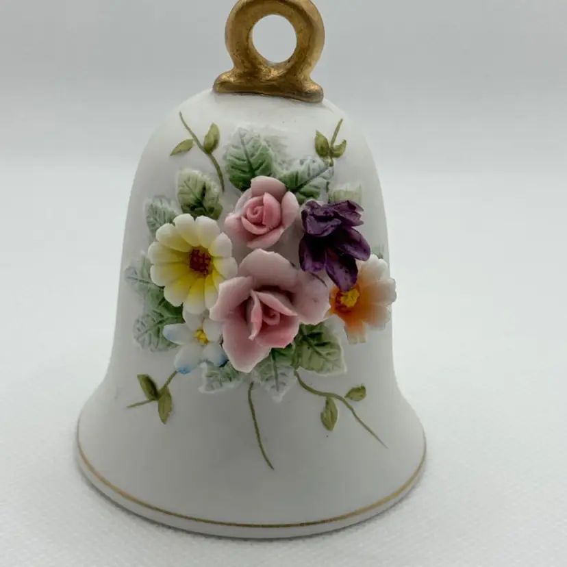 Vintage Bell Applied Multicolor Floral Flowers Figurine Ceramic, By Lefton, Made In Japan, MPN KW4199