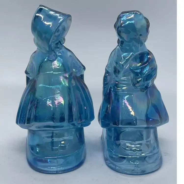 Fenton Iridescent Blue Glass Boy & Girl Bookends Vintage