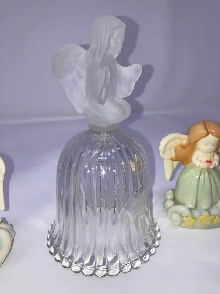Guardian Vignette  Vintage Goebel 1980 Frosted Angel Glass Bell w/Clapper (6 1/2” Tall) Vintage 2003 Angels & Company Cloud Works Little Love 31303 (3 1/2” Tall) Vintage 2003 Angels & Company Cloud Works Little Peace 31301 (3 1/2” Tall)