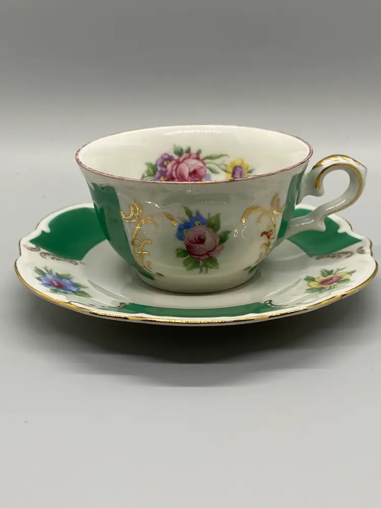 Bareuther Bavaria Hand Painted Floral Demitasse Cup and Saucer with Stand