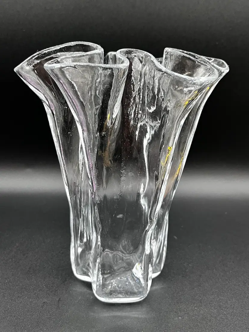 Vintage Eva Muurla Scandinavian Clear Art Glass Ruffled Vase 8.5”