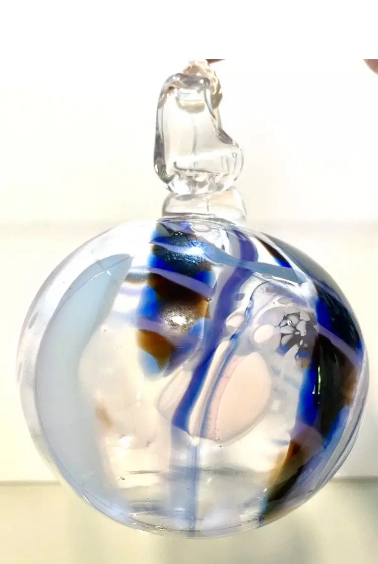 Hand Blown Art Glass Orb Sun Catcher 5" Dark & Light Blues And Brown Swirl 1 lb