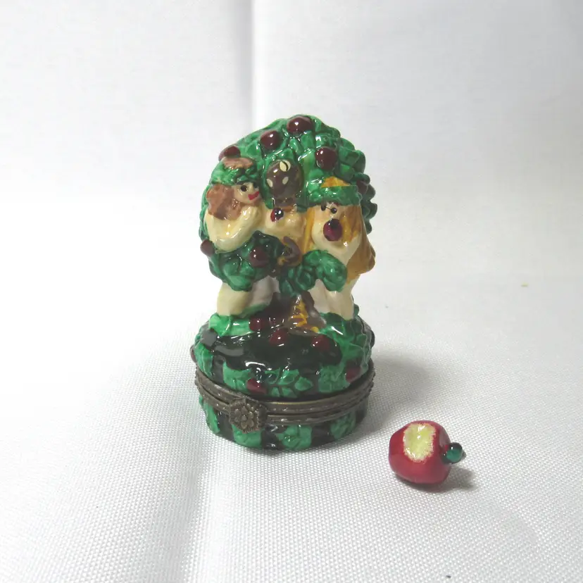 Ceramic Adam and Eve Hinged Trinket w/ Apple Trinket Keepsake Box