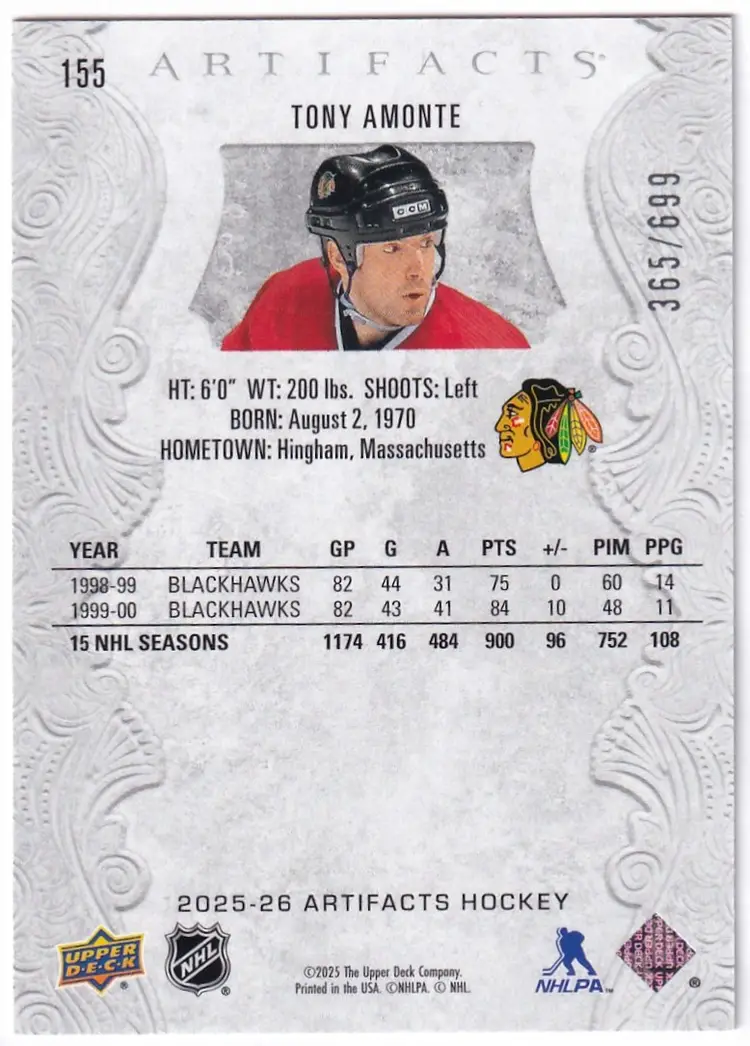 2025-26 Artifacts #155 Tony Amonte Chicago Blackhawks Hockey Card