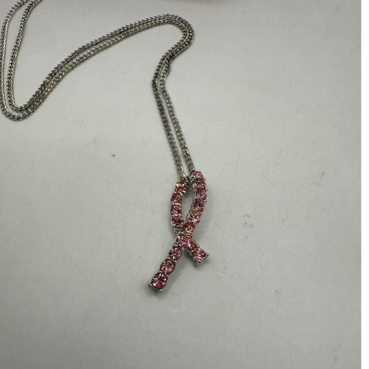 Avon Breast Cancer Crusade Pink Rhinestone Breast Cancer Awareness Ribbon Silver Tone Necklace 16-18.5”