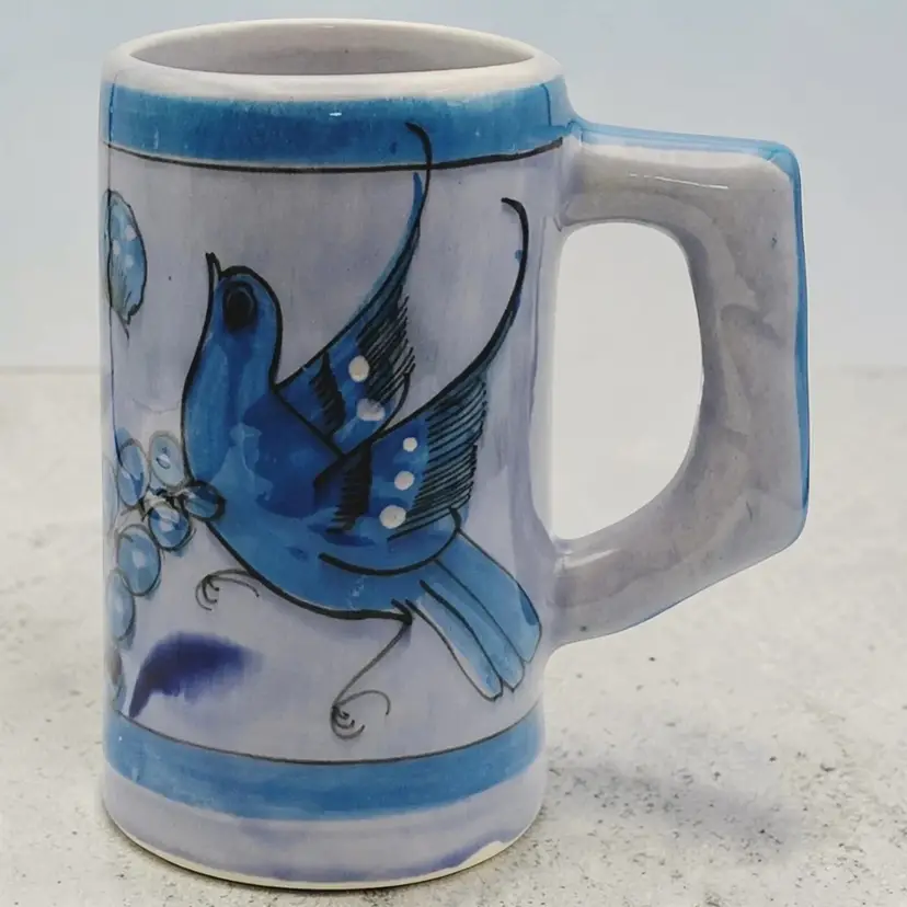 Mexico Exotic Bird Butterfly Flowers Berries Blue Ceramic Coffee Tea Mug Cup