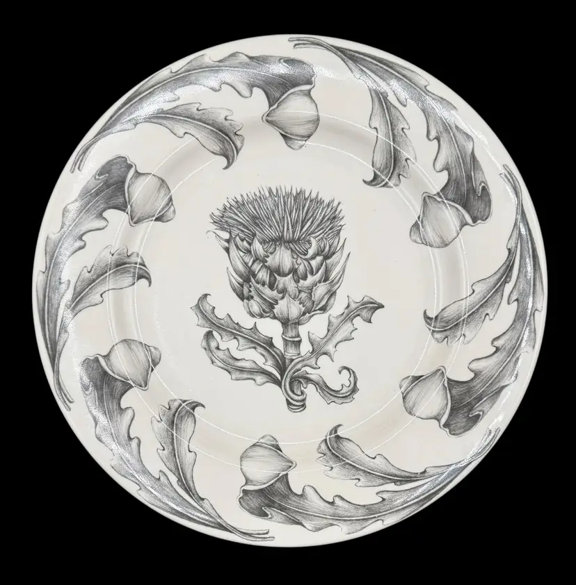 Laura Zindel Ceramic Platter Charger Plate Thistle Flower Black White Round 12”