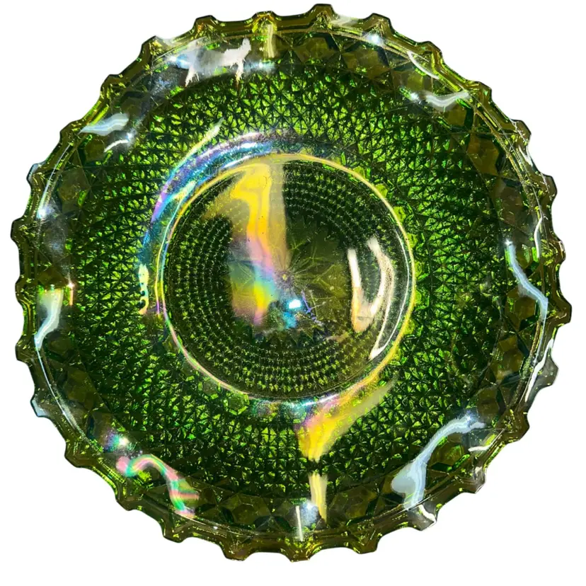 Vintage 1970’s Indiana Glass green iridescent carnival glass Serving Bowl