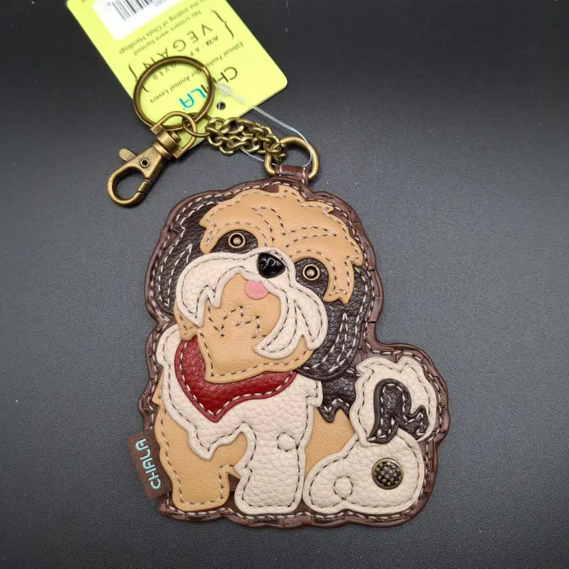 Shih Tzu Vegan Faux Leather Dog Keychain Coin Purse Woven Back