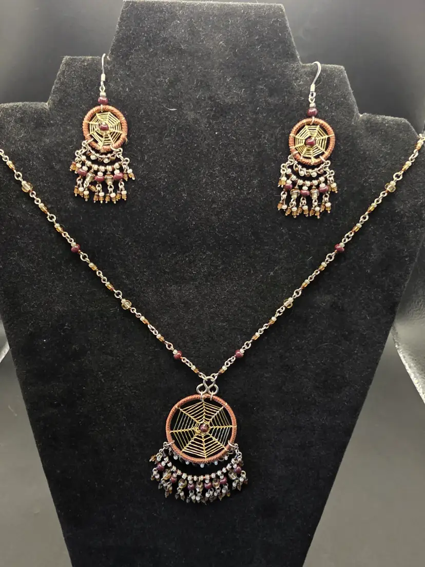 Spider web dream catcher necklace and earrings set