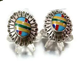 Zuni Signed Sterling Inlaid Pierced Stud Earrings Native American Indian Silver