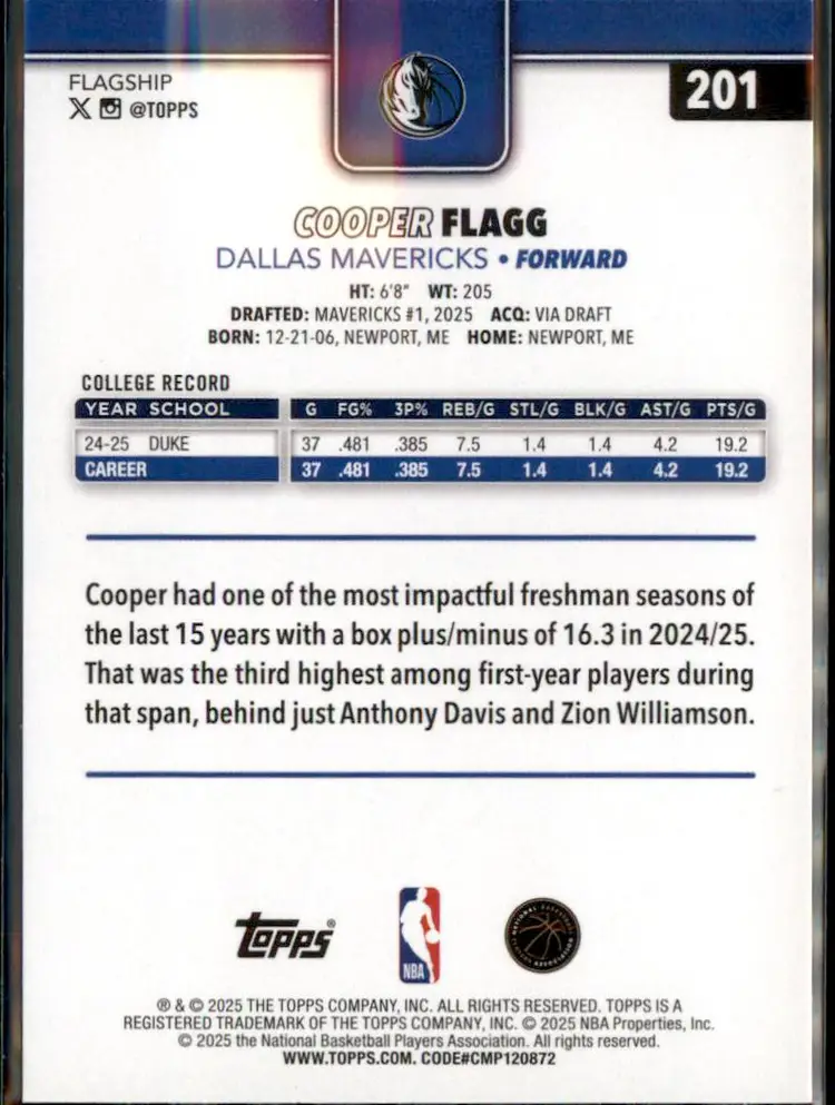 2025-26 Topps #201 Cooper Flagg - (135) - Dallas Mavericks