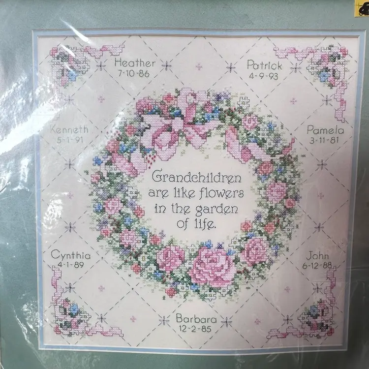 Vintage 1991 DImensions Grandchildren are Like Flowers Stamped Cross Stitch Kit