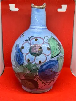 Signed Mexico Mexican Pottery Blue 8 " Water Jug Pitcher Bird &Flower