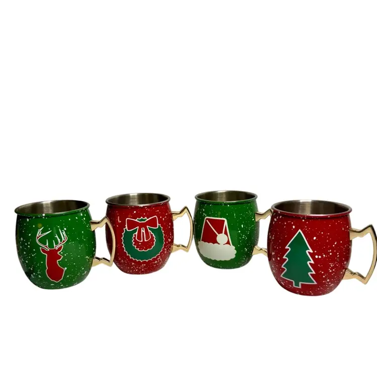 Stainless Steel Holiday Mugs Set Of 4 Thirstystone Moscow Mule  Red & Green Enamel Hat Tree Wreath Reindeer New 20 oz