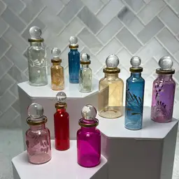 #02 - Egyptian Perfume bottles, Empty Glass Mini Bottles for Perfume, Essential Oils or Potion - Set of 10 Decorative Small Vials, Each 2"-3” High, Assorted Colors