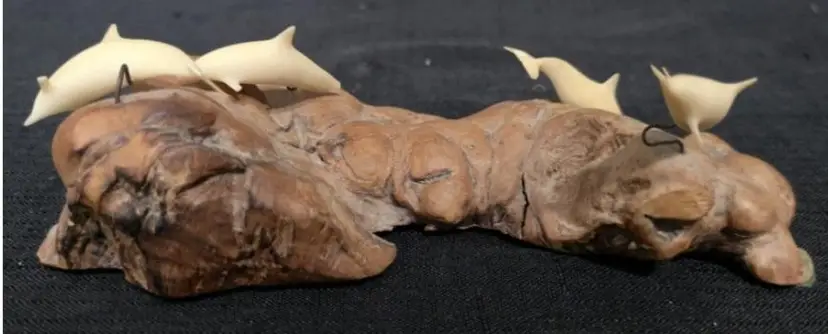 1970s Vintage Signed John Perry Dolphin Sculpture On Burl Wood