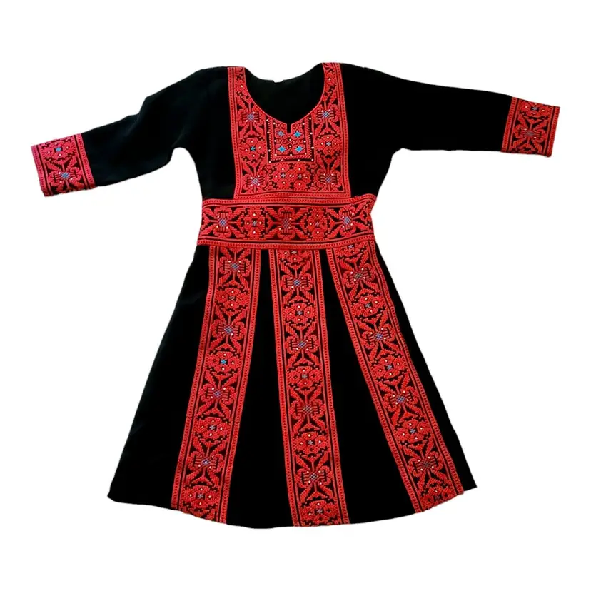 Beautiful Red and Black Embroidery Palestinian Girl Dress Thobe Tatreez Heritage