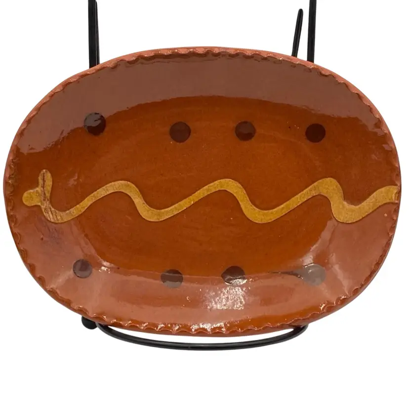 Vtg. ('94) Breininger Pottery Folk Art Red Clay Slipware Dish, 4.5" x 6", Signed