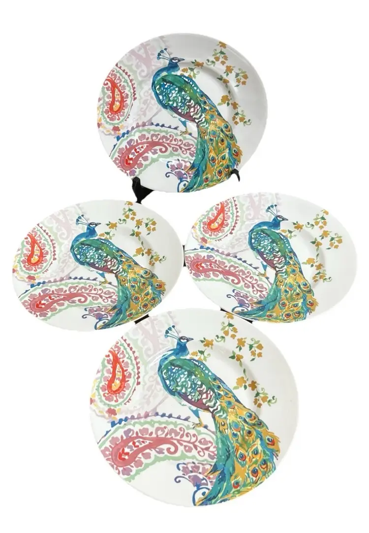 222 Fifth Andalusia Peacock Paisley Floral Multicolor Salad Plates ~ Lot/4