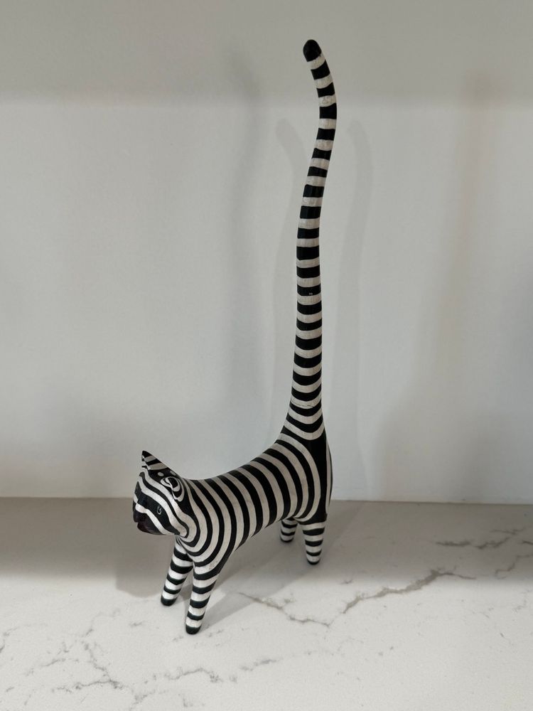 Hand Carved Wooden Zebra Black Cat 12”