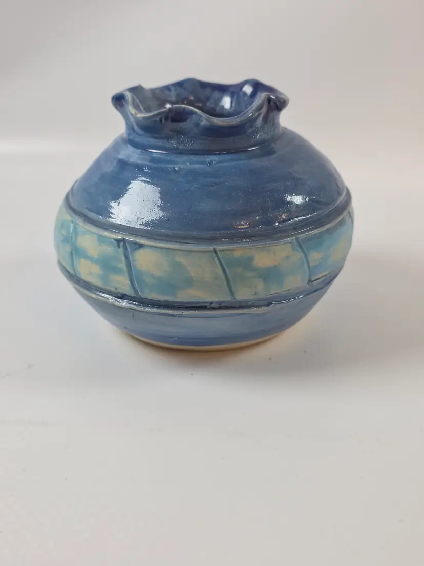 Signed Studio Pottery Blue Ruffled Collar Vase Hand Thrown Stoneware
