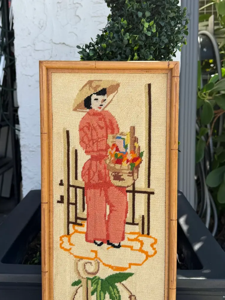 Vintage Tall Faux Bamboo Framed Needlepoint Artwork Asian Figures 34.25”