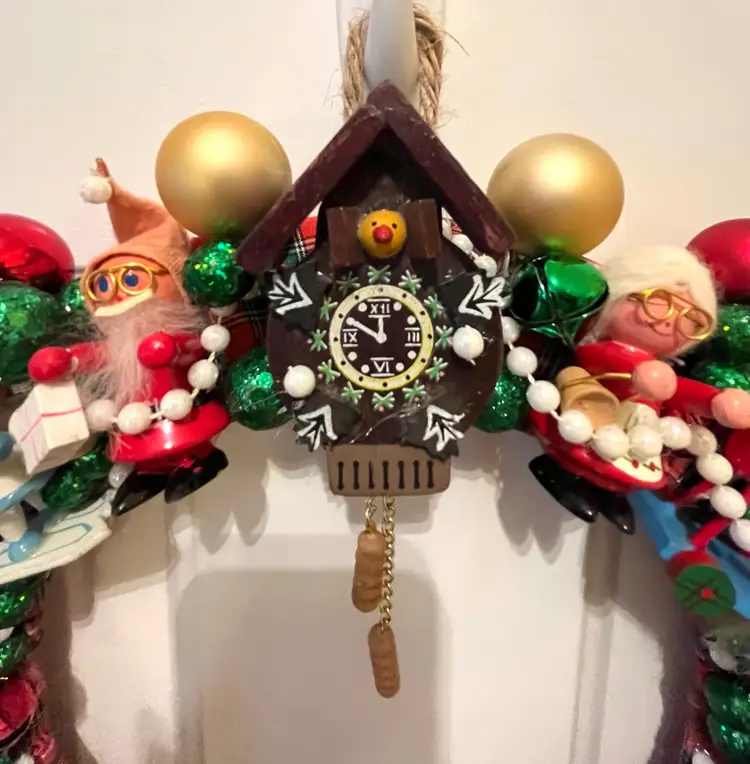 Handmade Vtg Mixed Ornament Christmas Wreath Wood Bells Trees One of a Kind 13"D