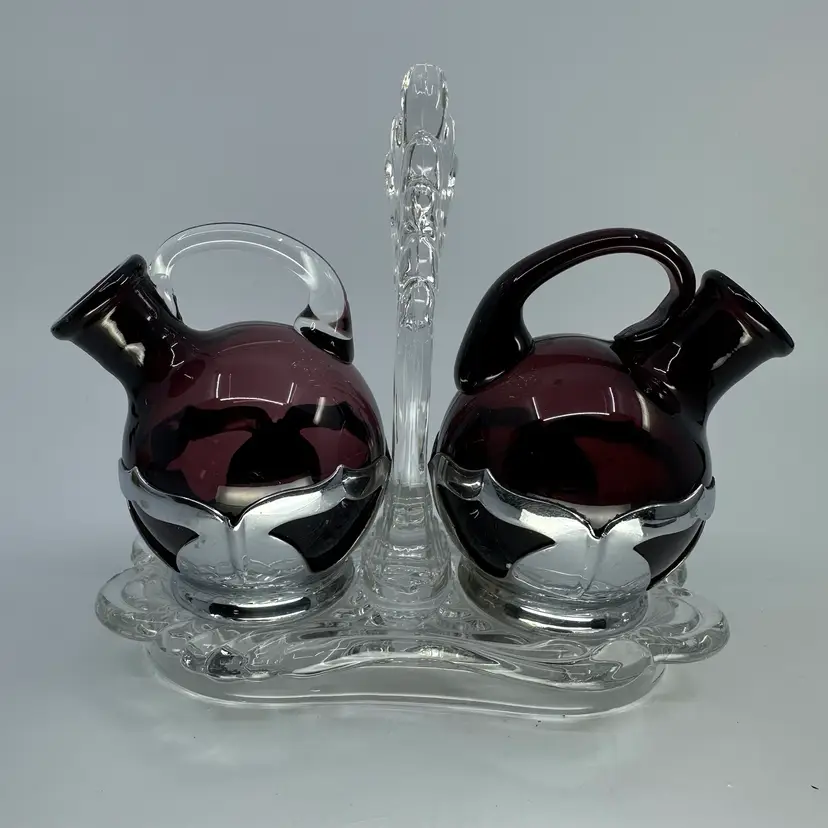 Farber Bros Cambridge Amethyst Glass Farberware Chrome Oil Vinegar Cruet Set No Stoppers
