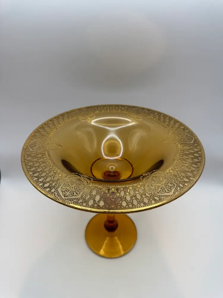 Vintage Amber Glass Pedestal Compote Moser Style w/ Gold Gilt Encrusted Rim 7.7/8”