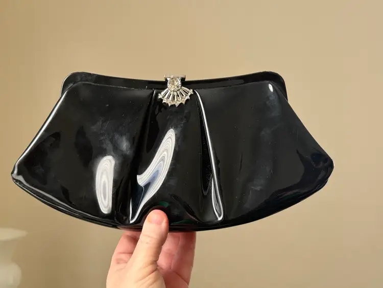 Vintage Black Patent Leather Clutch Mid Century Evening Bag With Rhinestone Accents