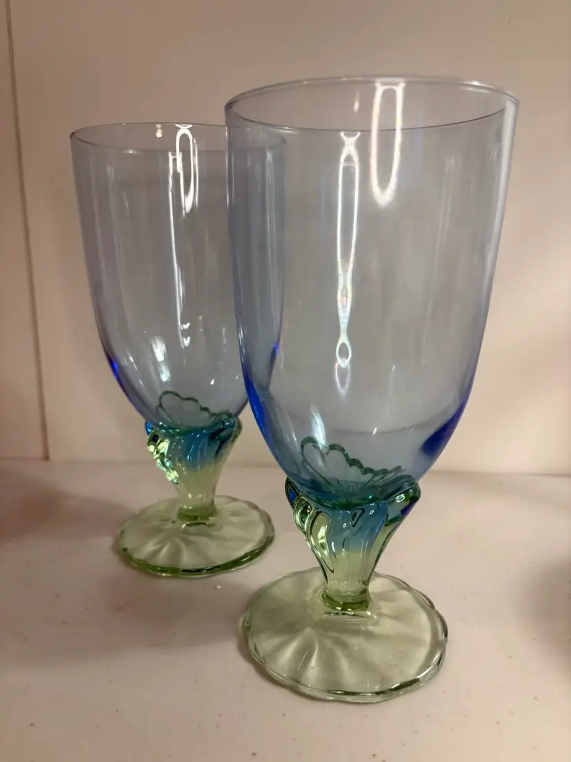 2 Italian Bormioli Rocco Bahia Blue Green Footed Iced Tea Water Goblets 16oz.