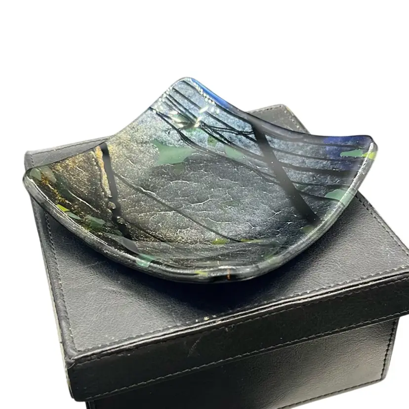 Fused Dichroic Blue Art Glass Trinket Dish w/ Box | 5”