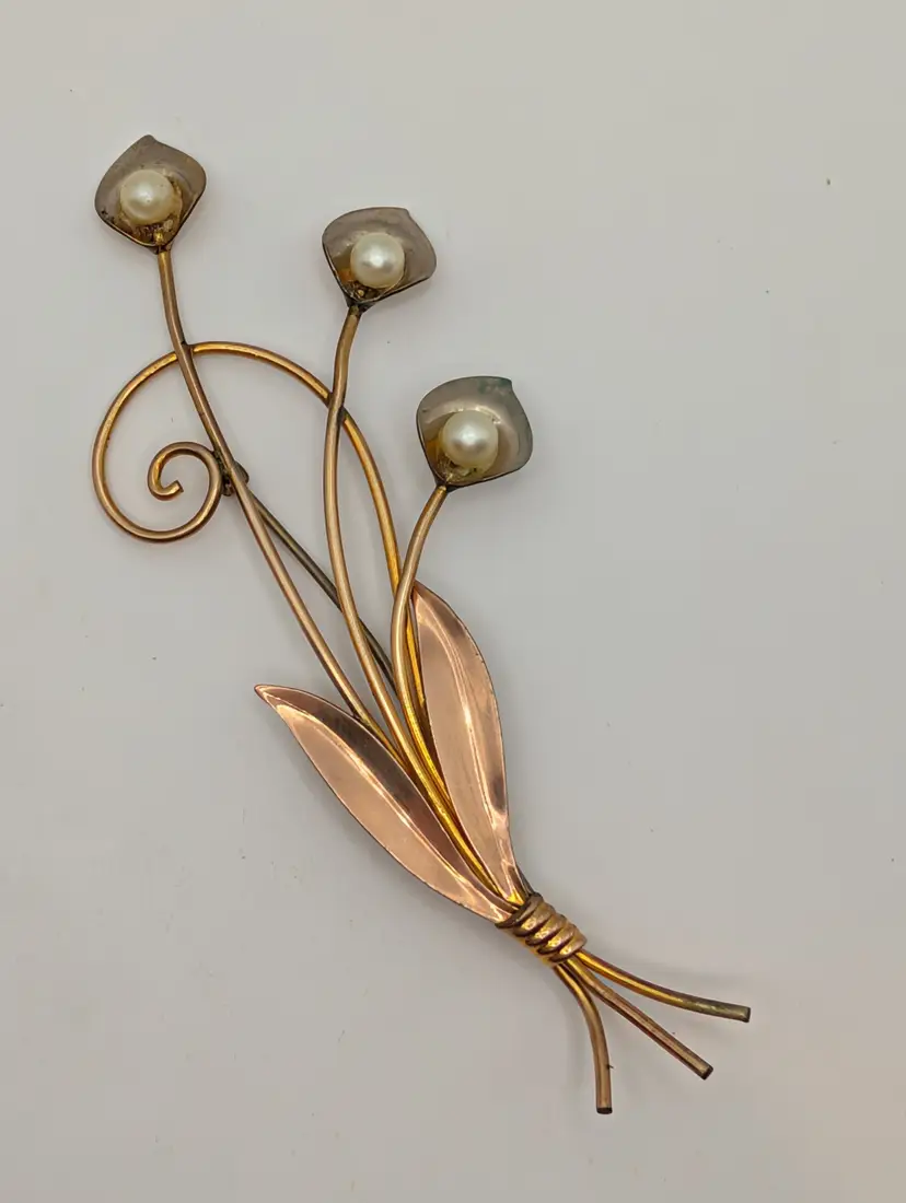 40s Era VAN DELL Floral Spray Gold Filled Brooch 4"