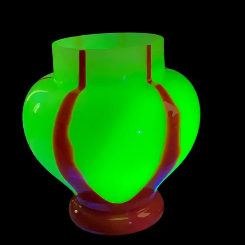 Red Striped UV Reactive Czechoslovakia Glass Vase 5.5” T X 5” W