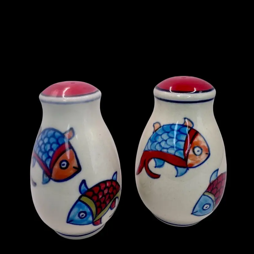 Pier 1 Salt & Pepper Shakers ASIAN KOI FISH Blue Rim Red Top Ceramic w/ Stoppers